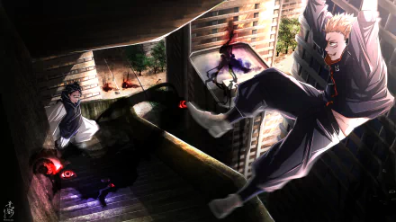 HD PC desktop wallpaper featuring dynamic characters from the anime Jujutsu Kaisen in an intense battle scene with dark, vivid colors and dramatic lighting.