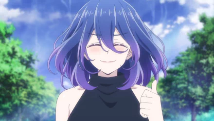 HD anime desktop wallpaper featuring Vermeil from Kinsou no Vermeil with blue-purple hair, smiling gently against a bright sky and green foliage background.