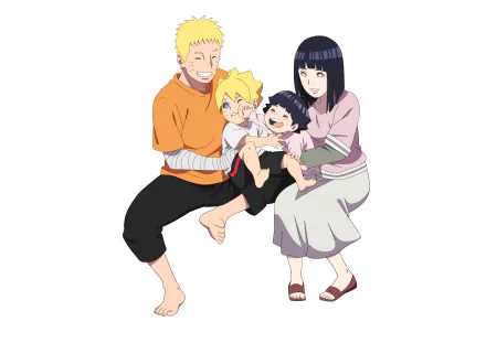 5K Ultra HD anime wallpaper of Naruto Uzumaki and Hinata Hyuga smiling while holding their children Boruto Uzumaki and Himawari Uzumaki.