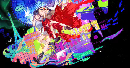 4K Ultra HD anime wallpaper featuring Chisato Nishikigi and Takina Inoue from Lycoris Recoil with vibrant, colorful cityscape and dynamic poses.