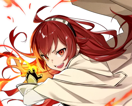 Eris Boreas Greyrat from Mushoku Tensei: Jobless Reincarnation — red‑haired anime fighter unleashing fiery magic with a fierce grin and flowing cloak; HD PC desktop wallpaper/background.