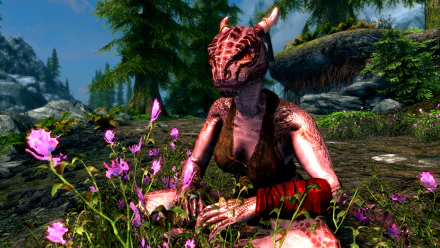  Female Argonian sitting with the flowers in Skyrim