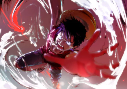 HD PC desktop wallpaper of Monkey D. Luffy from the anime One Piece, depicted in an intense action pose with dynamic red and white energy effects.