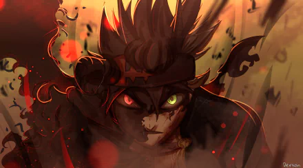 HD PC desktop wallpaper featuring Asta from Black Clover, depicted with intense green eyes and fiery, dynamic anime-style artwork.