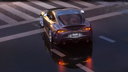 HD PC desktop wallpaper/background: Toyota Supra on a wet Tokyo street at dusk, Assetto Corsa-style render with neon reflections, rear three-quarter view.