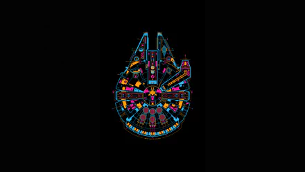 Neon Millennium Falcon sci‑fi Star Wars illustration on a black field, vibrant colors — HD PC desktop wallpaper and background.