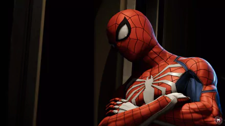 Spider-Man (PS4) in his red-and-blue suit with white spider emblem, arms crossed in a shadowed interior — 4K Ultra HD PC desktop wallpaper.