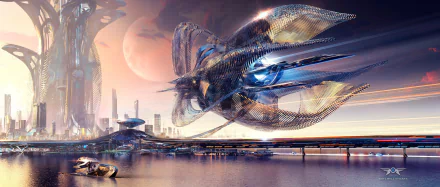 Sci-Fi 2K Quad HD PC desktop wallpaper and background: sleek organic spaceship hovers above a futuristic waterfront city at sunset, glowing engines and a distant moon.