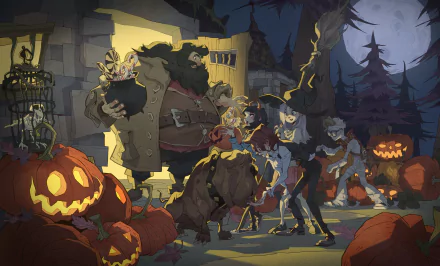 HD PC desktop wallpaper: Halloween gaming scene from Harry Potter: Magic Awakened — wizards and creatures amid glowing jack-o'-lanterns, spooky trees and a full moon.