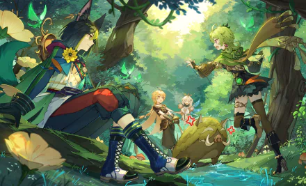 HD desktop wallpaper featuring Collei, Paimon, Aether, and Tighnari from the video game Genshin Impact in a vibrant forest setting.
