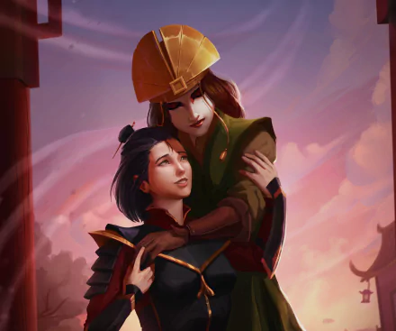 HD PC desktop wallpaper featuring Kyoshi (Avatar) in anime style from Avatar: The Last Airbender, embracing a younger ally beneath a warm pastel sky.