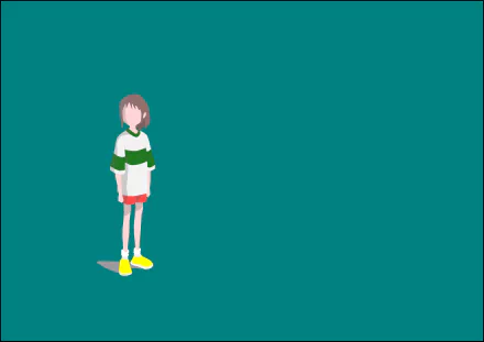 Minimalist Studio Ghibli Spirited Away anime wallpaper: lone girl in green-and-white top and red shorts on teal background — 2K Quad HD PC desktop wallpaper/background.
