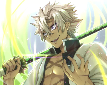 HD PC desktop wallpaper featuring Sanemi Shinazugawa from the anime Demon Slayer: Kimetsu no Yaiba, showcasing his intense expression and drawn sword.