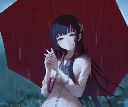 Rea Sanka (Sankarea) anime portrait holding a red umbrella in the rain — 2K Quad HD PC desktop wallpaper/background.
