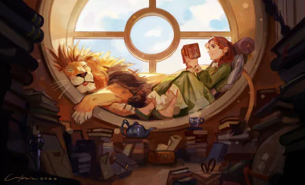 Artistic HD desktop wallpaper of a cozy library nook where a person reads beside a sleeping lion by a round window, surrounded by books and warm light.