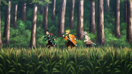 HD desktop wallpaper featuring Inosuke Hashibira, Zenitsu Agatsuma, and Tanjiro Kamado from the anime Demon Slayer: Kimetsu no Yaiba running through a dense forest.