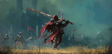 Dark warrior charging across a misty battlefield, red cape billowing — 2K Quad HD PC desktop wallpaper and background.