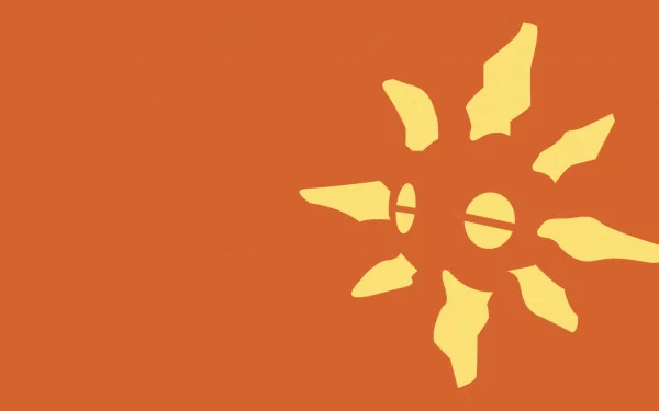 Minimal HD PC desktop wallpaper of anime Pokémon Solrock: stylized yellow sun-shaped Solrock silhouette on a solid orange background.