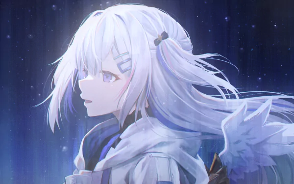 2K Quad HD PC desktop wallpaper of hololive Virtual YouTuber Amane Kanata: serene side-profile anime portrait with silver hair, small angel wing and a soft starry blue background.
