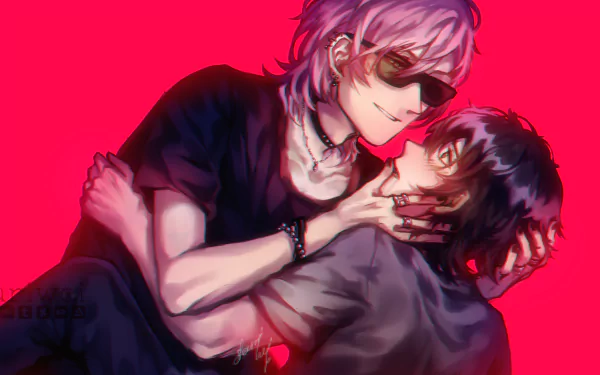HD anime wallpaper featuring Toru Fujisaki and Ayato Yuri from Yarichin Bitch Club, with a bold red background and intimate pose.