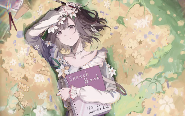 Ena Shinonome from Project Sekai: Colorful Stage! feat. Hatsune Miku holds a sketchbook, lying amidst flowers in this 4K Ultra HD PC desktop wallpaper illustration.