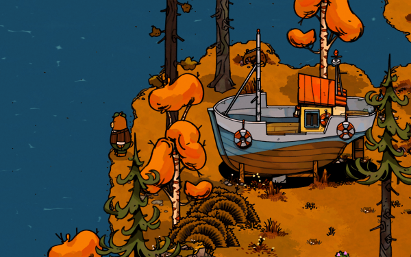 HD desktop wallpaper featuring an illustrated scene from Bear and Breakfast with an old boat amidst autumnal trees.
