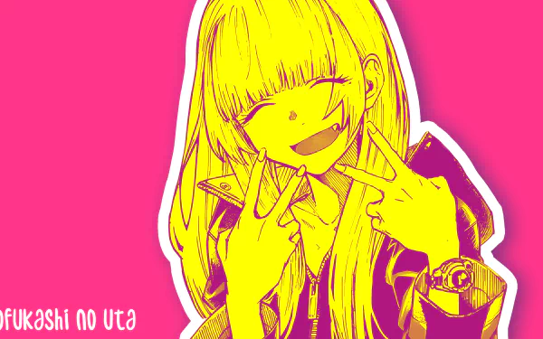 HD PC desktop wallpaper featuring Nazuna Nanakusa from Call of the Night in a bright yellow and pink pop art style with a cheerful expression.
