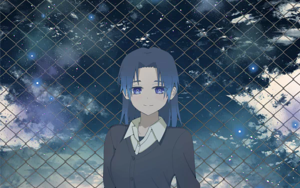 Kamiya from Shikimori's Not Just a Cutie stands before a starry night and chain-link fence — 2K Quad HD anime PC desktop wallpaper/background.