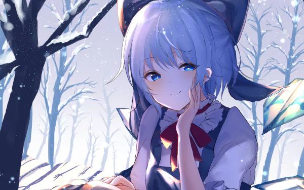 Cirno (Touhou) — blue-haired ice fairy smiling amid snowy trees; anime 5K Ultra HD PC desktop wallpaper and background.