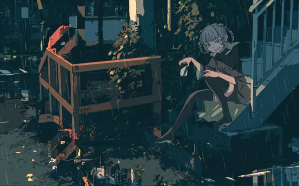 Nazuna Nanakusa from Call of the Night sits thoughtfully in a moody, detailed urban setting in this 4K Ultra HD anime desktop wallpaper.