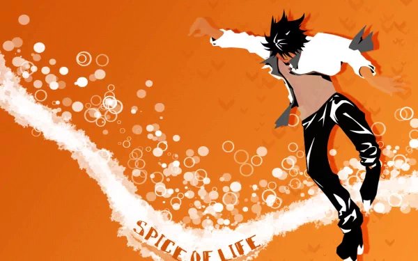 Anime Air Gear HD PC wallpaper/background: spiky-haired rider in a white jacket leaps across an orange backdrop, leaving a white bubble trail that spells SPICE OF LIFE.