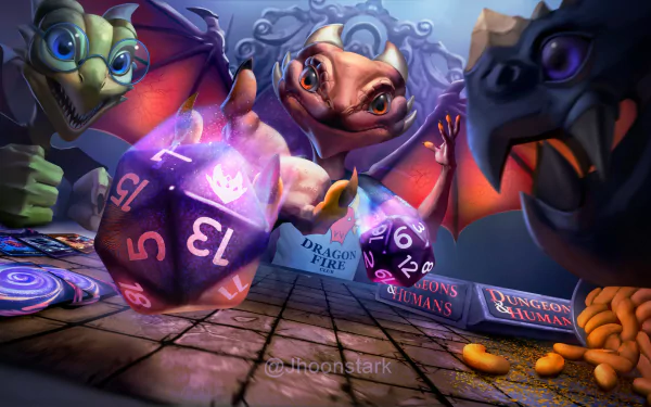 HD PC desktop wallpaper: fantasy Dungeons & Dragons scene of playful young dragons around a table, rolling oversized polyhedral dice with a dragon egg and game books nearby.