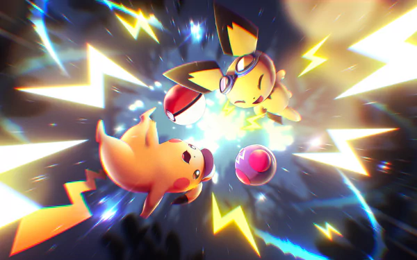 A vibrant 8K Ultra HD wallpaper featuring Pikachu and Pichu amidst dynamic electric effects and Poké Balls, capturing the excitement of the Pokémon video game universe.