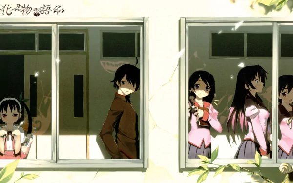HD wallpaper featuring characters from the Monogatari series, including Suruga Kanbaru, Tsubasa Hanekawa, Mayoi Hachikuji, Koyomi Araragi, and Hitagi Senjōgahara, set against a window backdrop.