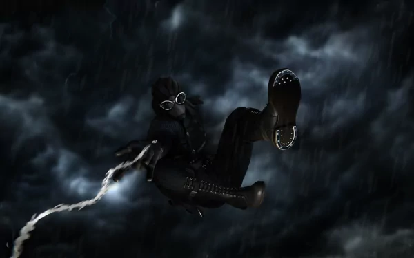 Comic Spider-Man Noir in trench coat and goggles swings through stormy clouds, trailing a web — 8K Ultra HD PC desktop wallpaper and background.