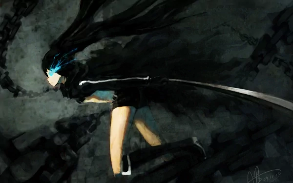 4K Ultra HD PC desktop wallpaper of Black Rock Shooter — anime heroine in black coat, glowing blue eye, long flowing hair and giant blade, charging through a dark, smoky background with chains.