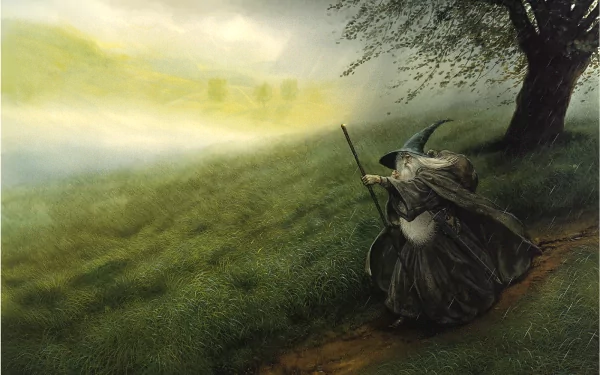 HD fantasy PC desktop wallpaper featuring a wizard in a cloak and hat walking along a misty, grassy path under a large tree.