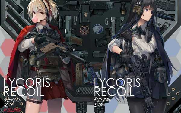 Takina Inoue and Chisato Nishikigi from Lycoris Recoil are depicted in detailed anime style, holding firearms against a futuristic backdrop in this 4K Ultra HD desktop wallpaper.