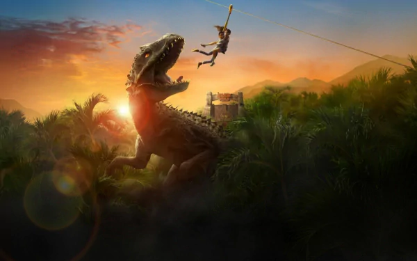 HD PC wallpaper from TV show Jurassic World: Camp Cretaceous: a teen on a zipline swings above jungle as a roaring T. rex leaps up at sunset.