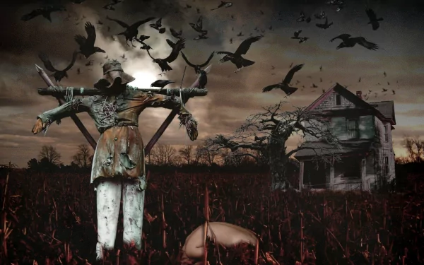 A dark HD desktop wallpaper features a scarecrow amidst a haunted landscape, with crows flying overhead and an eerie, abandoned house in the background.