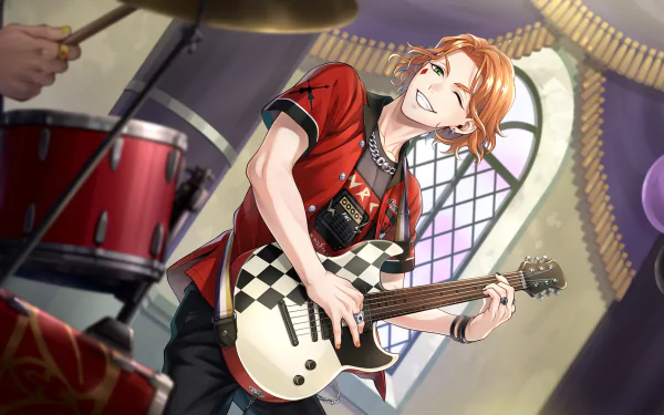 Cater Diamond from Twisted Wonderland—HD PC desktop wallpaper showing him winking while playing a checkered electric guitar on stage with drums in the background (video game art).