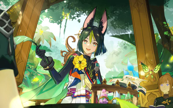 HD PC desktop wallpaper featuring Tighnari from the video game Genshin Impact in a vibrant forest setting with glowing butterflies and detailed fantasy elements.