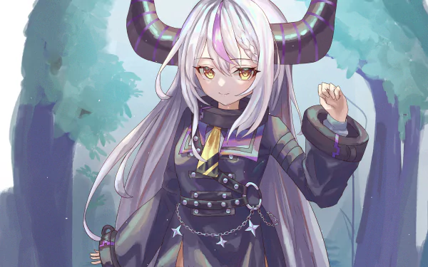 4K anime PC wallpaper of hololive Virtual Youtuber La+ Darknesss: horned, long white‑haired gothic character in a dark outfit with gold accents, standing before a misty forest backdrop.