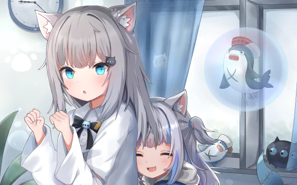 Anime-style HD PC desktop wallpaper featuring Virtual YouTubers Nachoneko and Gawr Gura with cat ears in a cozy room setting.