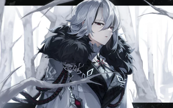 4K Ultra HD PC wallpaper featuring Arlecchino from Genshin Impact, set against a monochrome winter forest background with detailed character design.