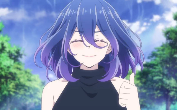 HD anime desktop wallpaper featuring Vermeil from Kinsou no Vermeil with blue-purple hair, smiling gently against a bright sky and green foliage background.