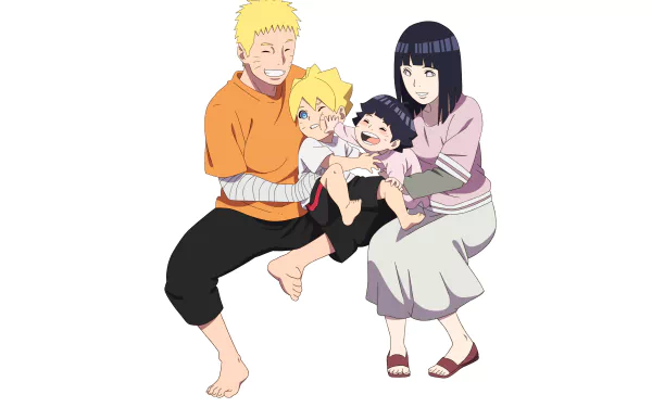 5K Ultra HD anime wallpaper of Naruto Uzumaki and Hinata Hyuga smiling while holding their children Boruto Uzumaki and Himawari Uzumaki.