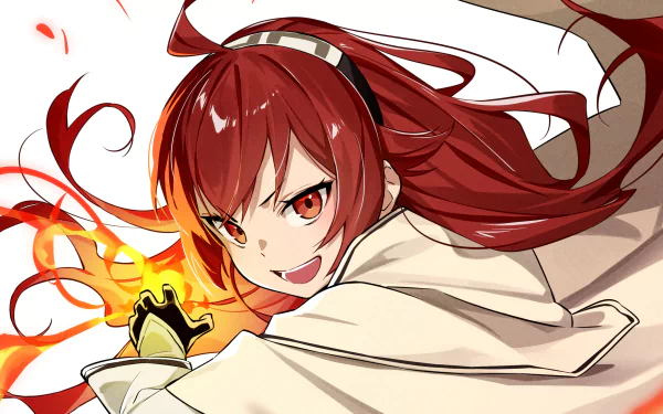 Eris Boreas Greyrat from Mushoku Tensei: Jobless Reincarnation — red‑haired anime fighter unleashing fiery magic with a fierce grin and flowing cloak; HD PC desktop wallpaper/background.