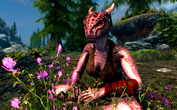  Female Argonian sitting with the flowers in Skyrim