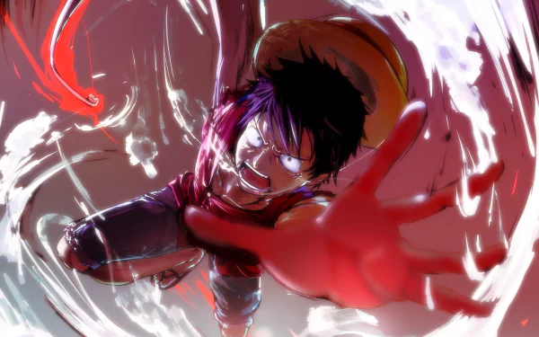 HD PC desktop wallpaper of Monkey D. Luffy from the anime One Piece, depicted in an intense action pose with dynamic red and white energy effects.